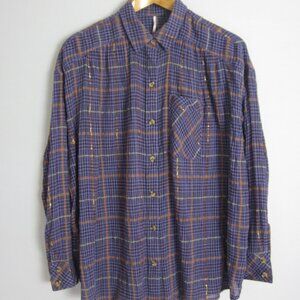 Free People Womens Small Break My Stride Purple Plaid LS Shirt Metallic Cotton